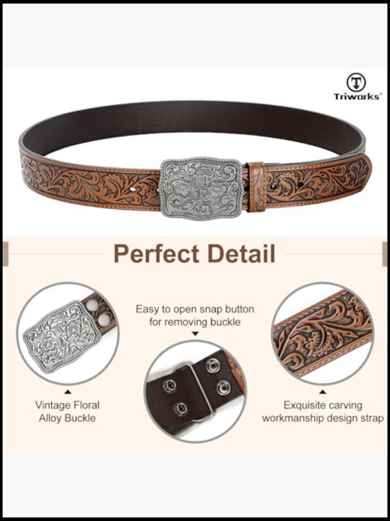 Western Leather Belt with Interchangeable Buckle for Cowgirl Cowboy main image 5